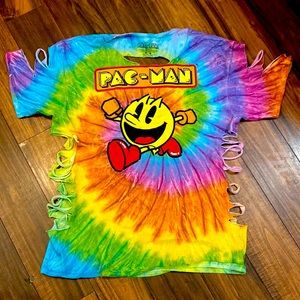 Pac-Man Tie Dye Rainbow Shredded T-Shirt Size M